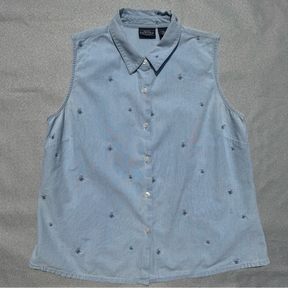 Sonoma Women’s Denim Embroidered Butterflies Sleeveless Button-up Shirt PL